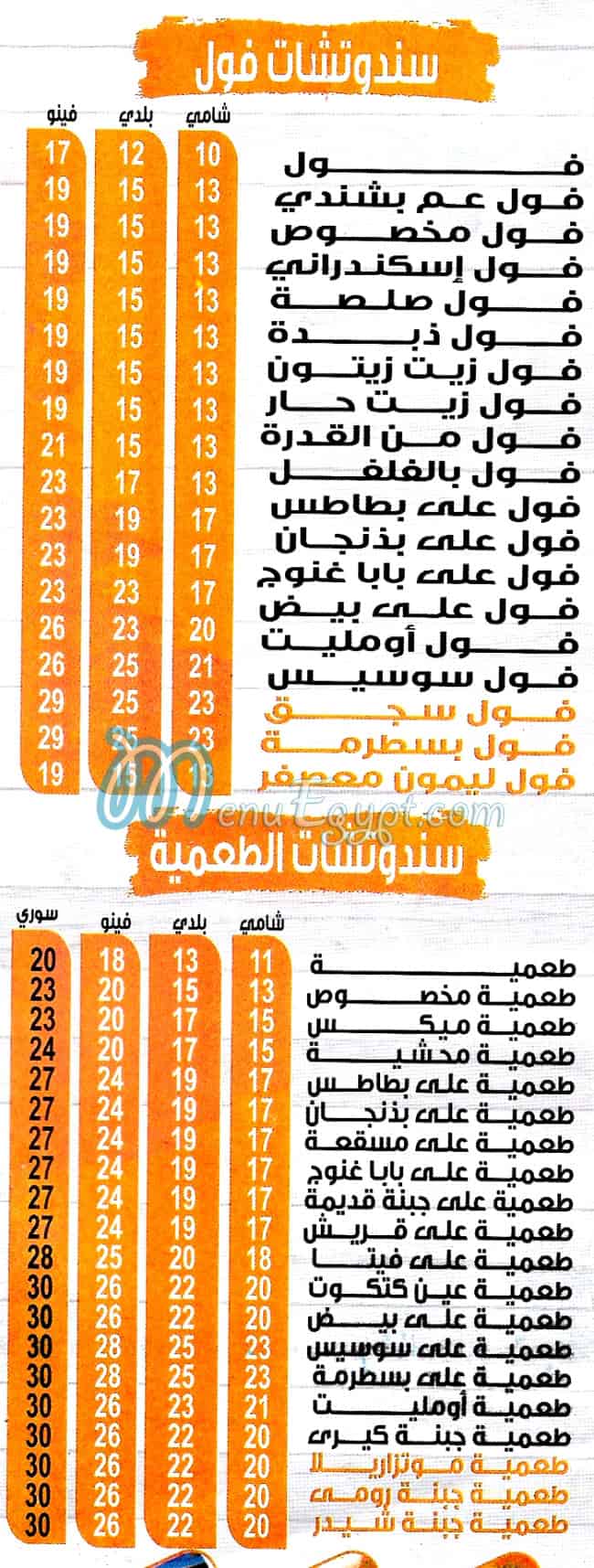 منيو عم بشندي المهندسين