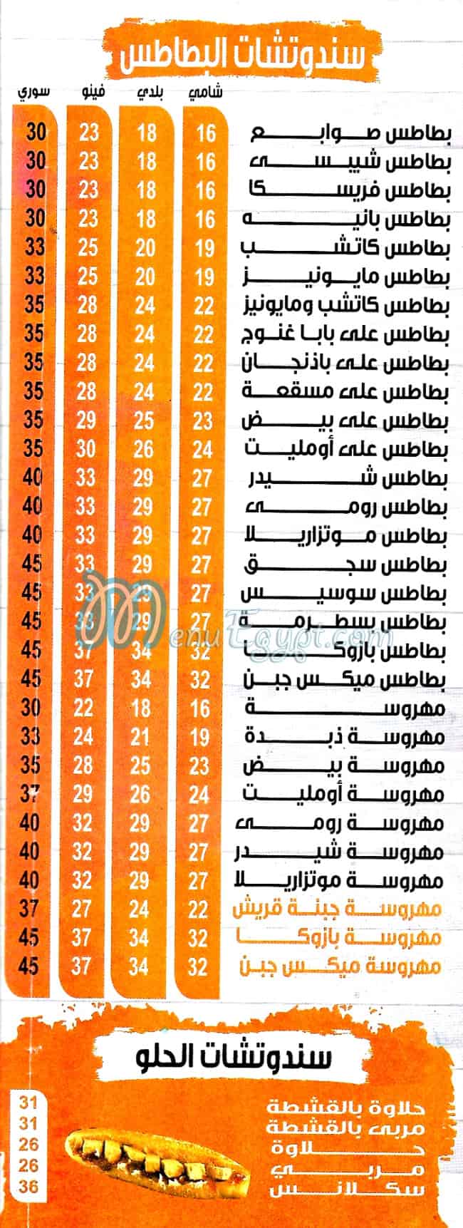 منيو عم بشندي المهندسين مصر