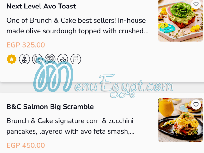 Brunch and Cake menu