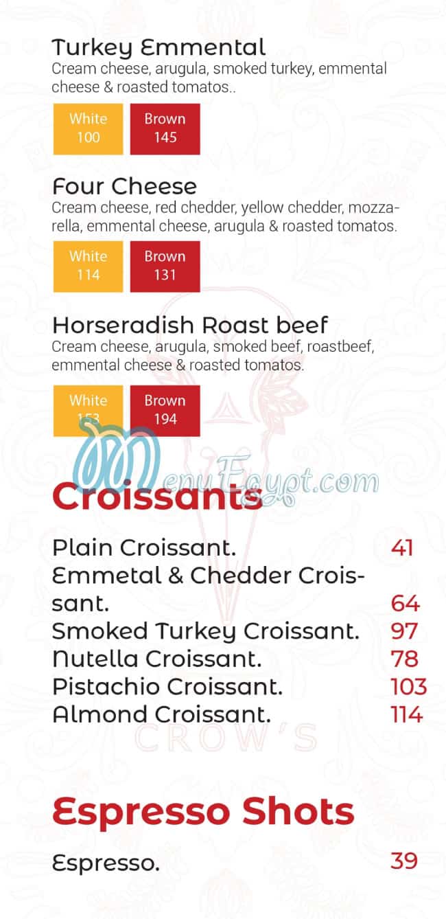 Crow’s delivery menu