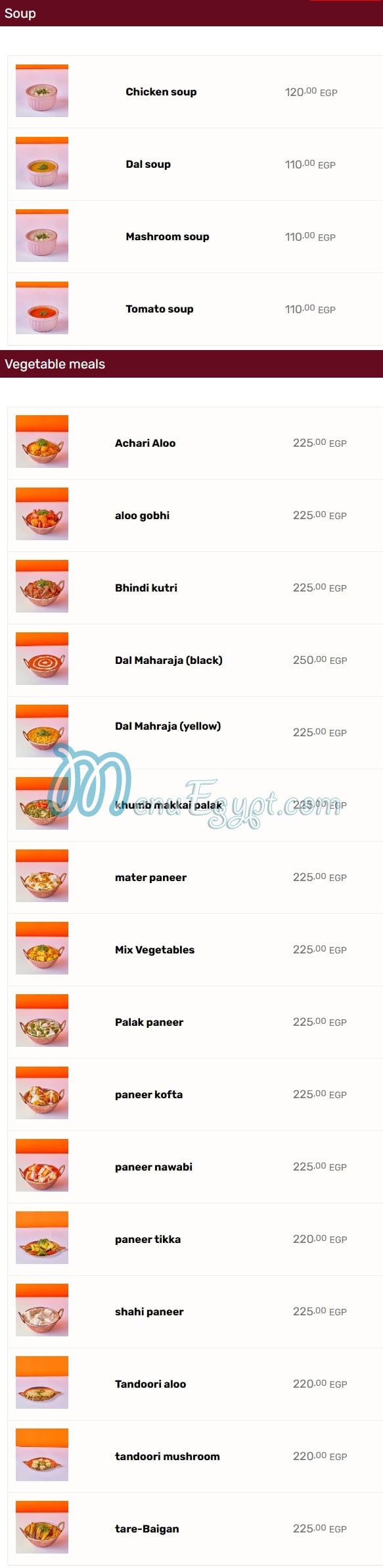 Maharaja menu Egypt 2