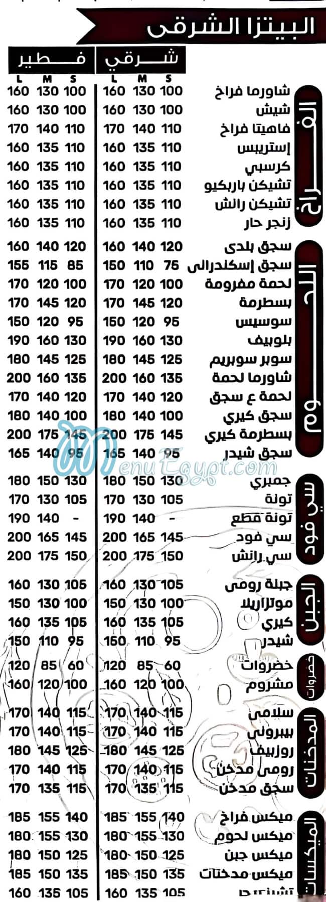 منيو بيتزا قاصد كريم